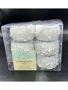 Cynthia Rowley New York Set Of Six White Beaded Napkin Rings In Clear Box Elegan